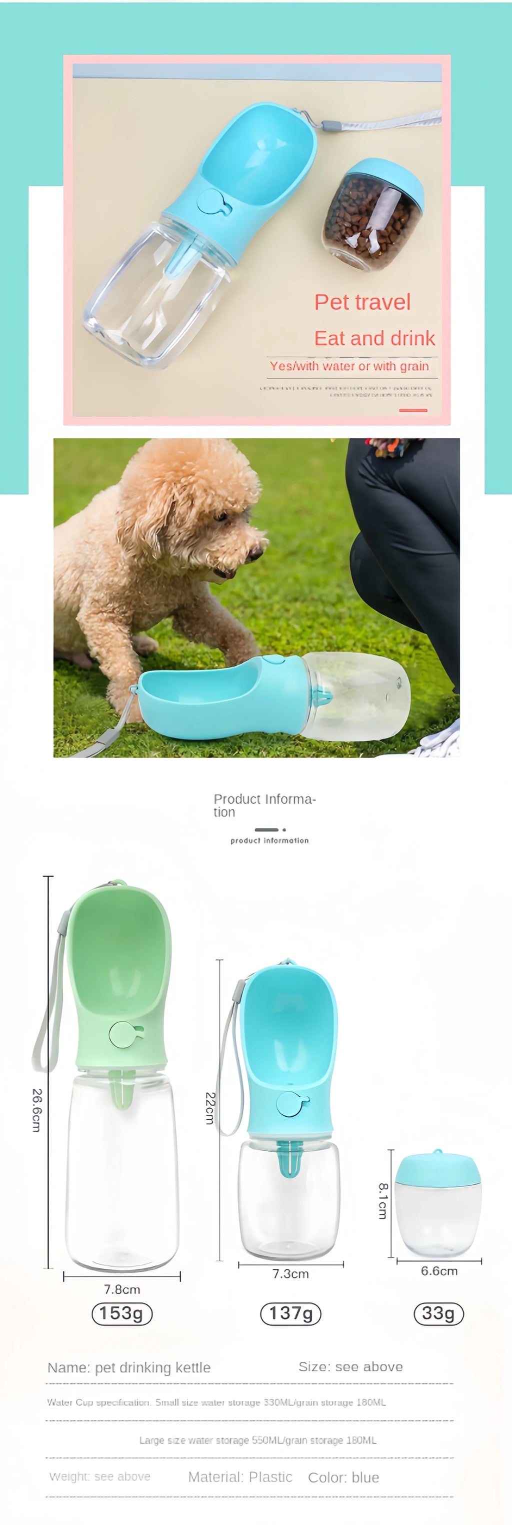 Pets Dog Water Bottle Portable Food Grade Material Dog Cat Travel Pet Water Cup Bottle with Food Dispenser Puppy Water Bottle